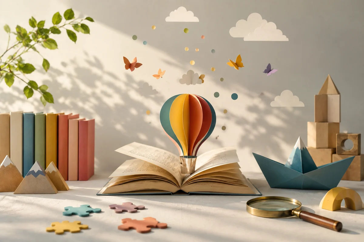 An open book inspiring a colorful paper balloon, surrounded by puzzles and playful learning objects